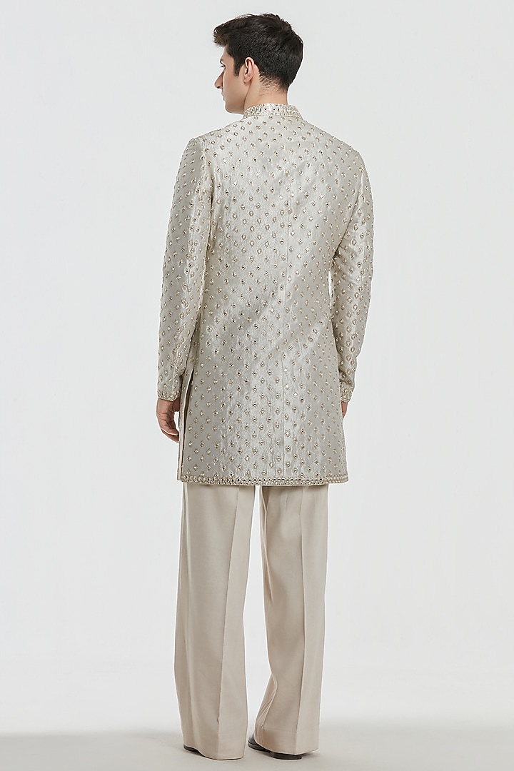 Silver Tissue Mirror Work Groom Sherwani Set by Abhinav Mishra Men at Pernia's Pop Up Shop
