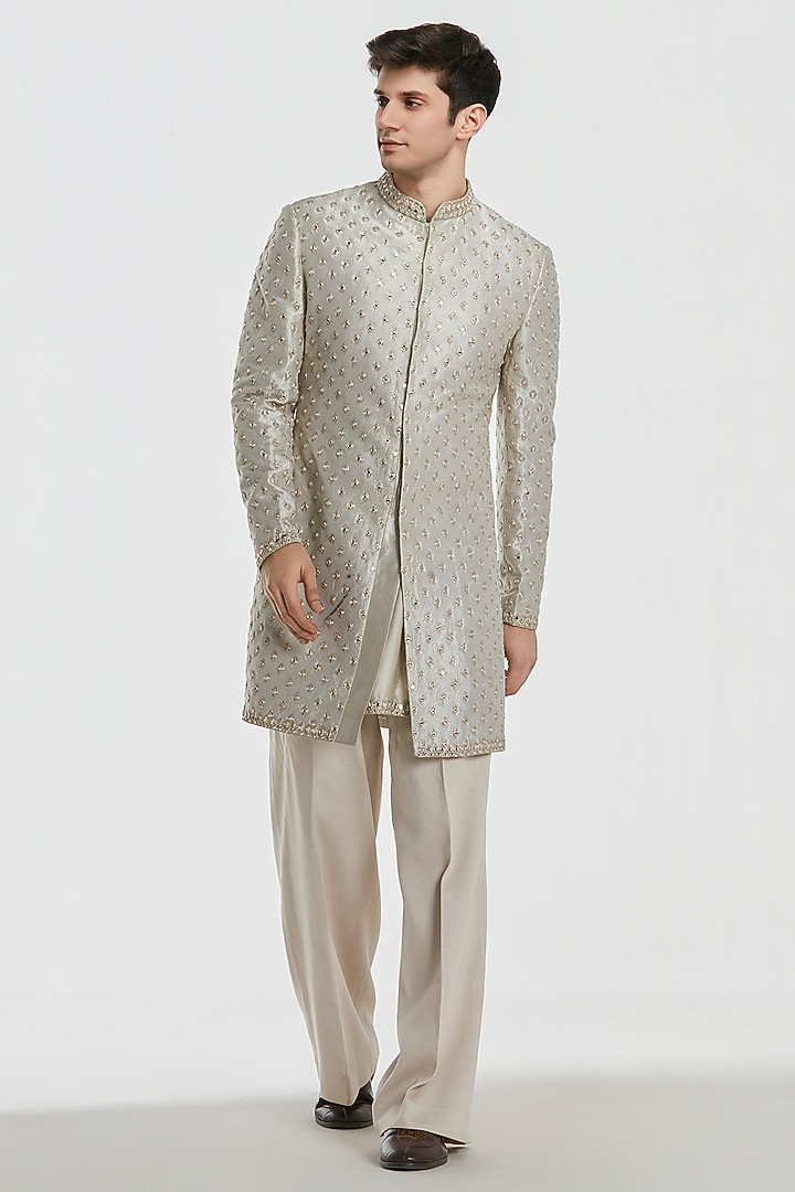 Silver Tissue Mirror Work Groom Sherwani Set by Abhinav Mishra Men at Pernia's Pop Up Shop