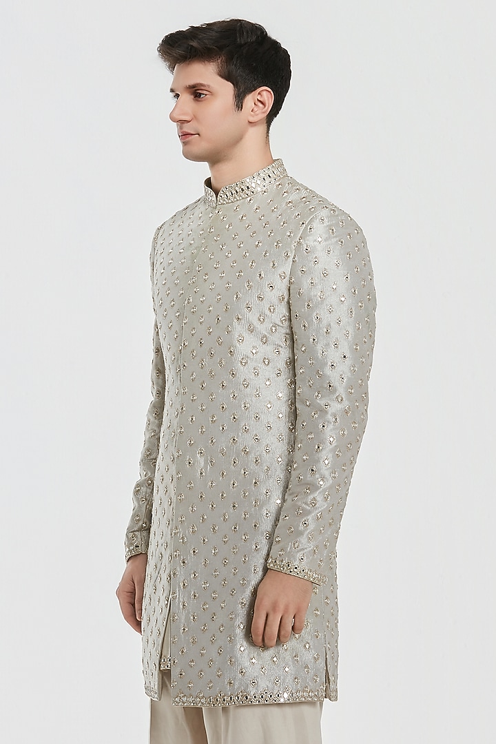 Silver Tissue Mirror Work Groom Sherwani Set by Abhinav Mishra Men at Pernia's Pop Up Shop