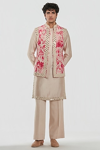Multi-Colored Chanderi Threadwork Bundi Jacket Set by Abhinav Mishra Men