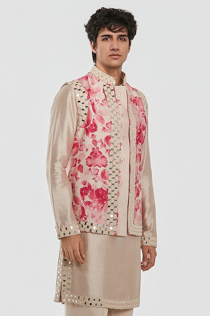 Multi-Colored Chanderi Threadwork Bundi Jacket Set by Abhinav Mishra Men at Pernia's Pop Up Shop