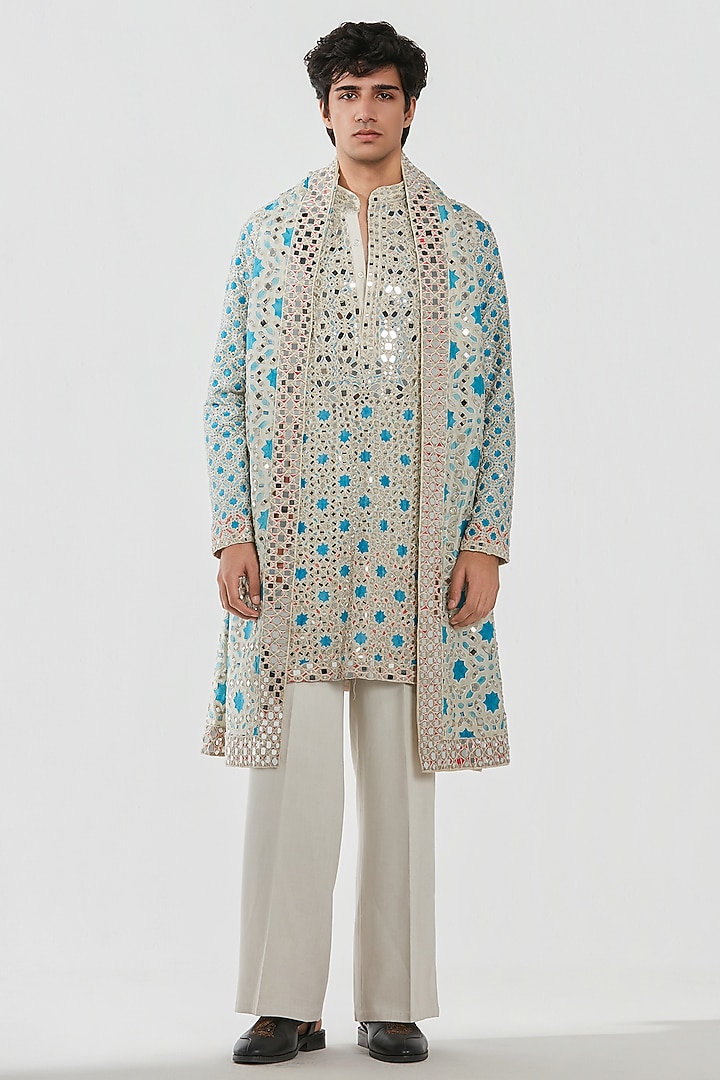 Multi-Colored Chanderi Threadwork Kurta Set by Abhinav Mishra Men at Pernia's Pop Up Shop