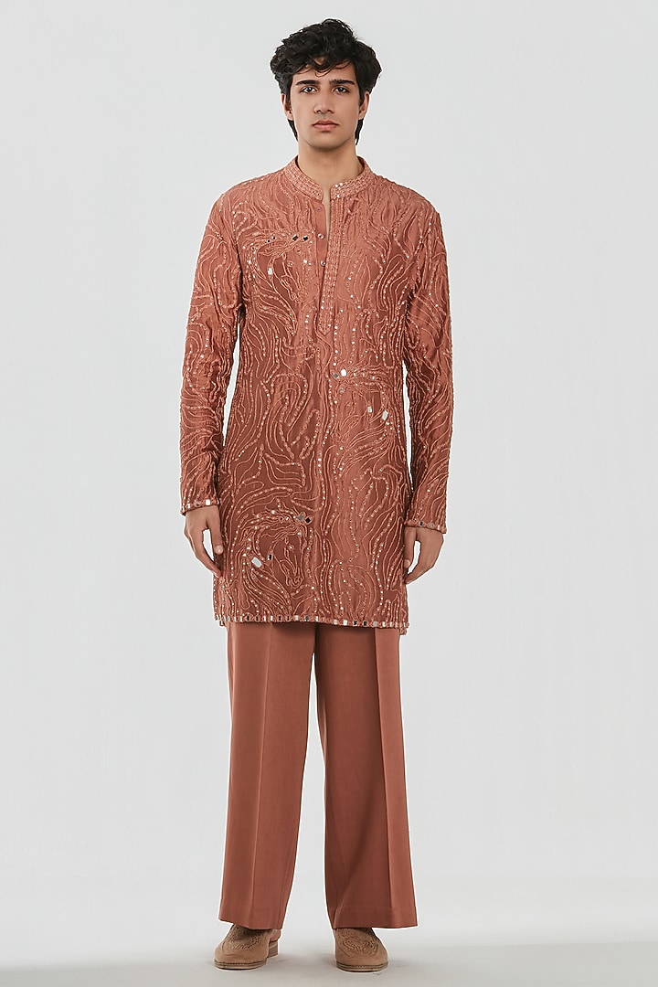 Rust Chanderi Mirror Work Chanderi Kurta Set by Abhinav Mishra Men at Pernia's Pop Up Shop
