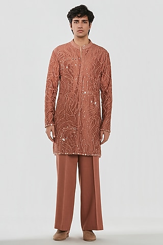 Rust Chanderi Mirror Work Chanderi Kurta Set by Abhinav Mishra Men