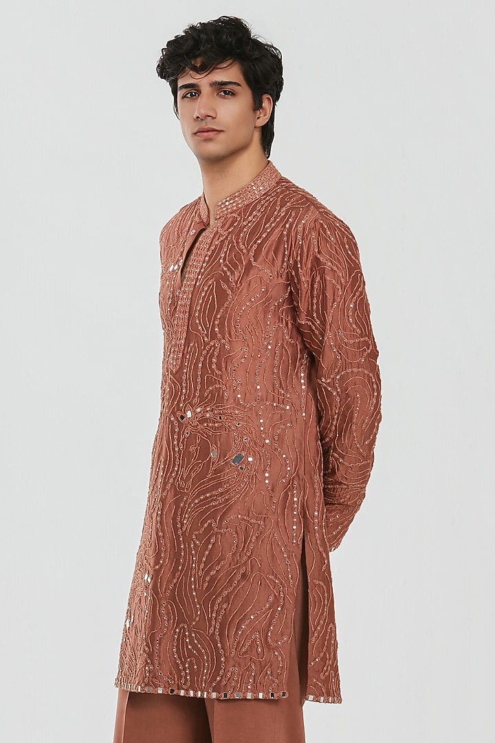 Rust Chanderi Mirror Work Chanderi Kurta Set by Abhinav Mishra Men at Pernia's Pop Up Shop