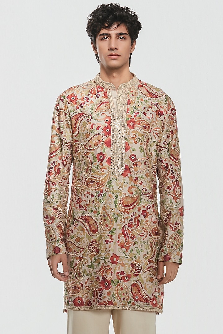 Multi-Colored Chanderi Threadwork Kurta Set by Abhinav Mishra Men at Pernia's Pop Up Shop