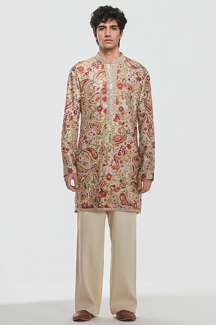 Multi-Colored Chanderi Threadwork Kurta Set by Abhinav Mishra Men at Pernia's Pop Up Shop