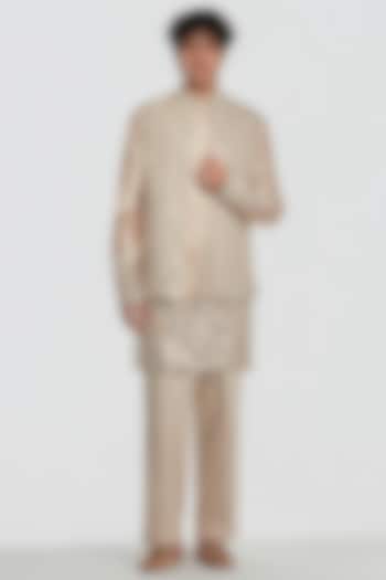 Ivory Chanderi Threadwork Bundi Jacket Set by Abhinav Mishra Men at Pernia's Pop Up Shop