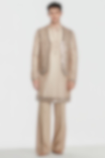 Nude Beige Chanderi Threadwork Bundi Jacket Set by Abhinav Mishra Men at Pernia's Pop Up Shop