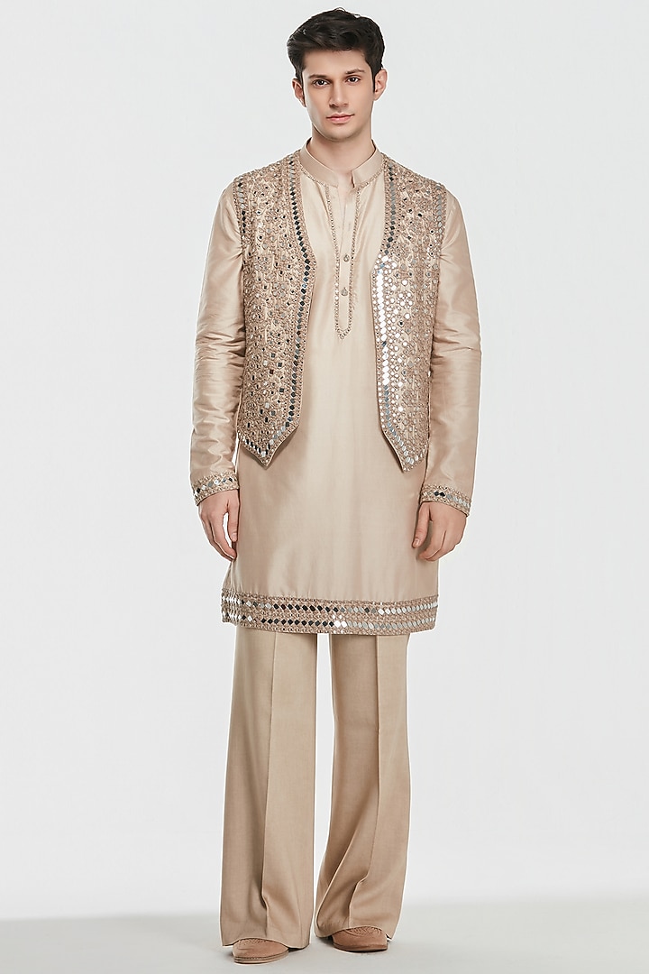 Nude Beige Chanderi Threadwork Bundi Jacket Set by Abhinav Mishra Men at Pernia's Pop Up Shop