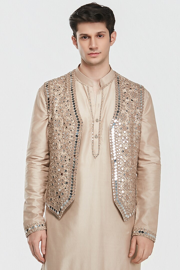 Nude Beige Chanderi Threadwork Bundi Jacket Set by Abhinav Mishra Men at Pernia's Pop Up Shop