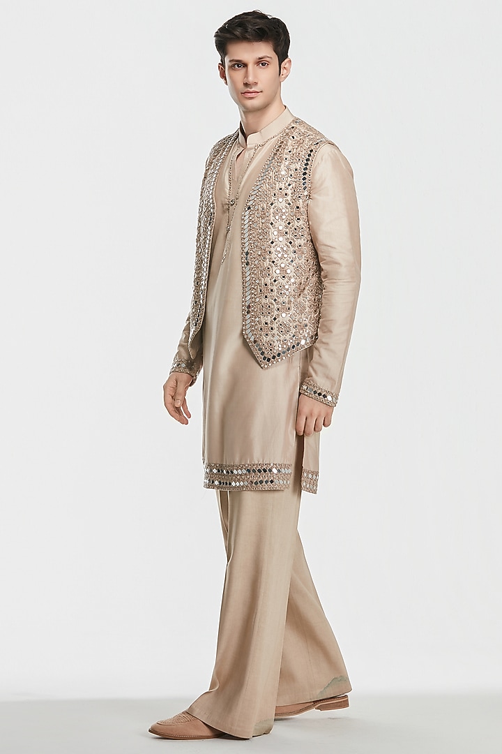 Nude Beige Chanderi Threadwork Bundi Jacket Set by Abhinav Mishra Men at Pernia's Pop Up Shop