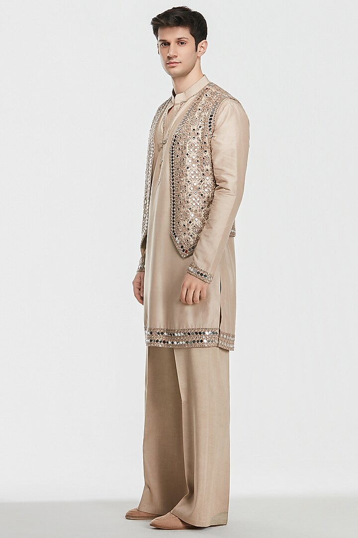 Nude Beige Chanderi Threadwork Bundi Jacket Set by Abhinav Mishra Men at Pernia's Pop Up Shop