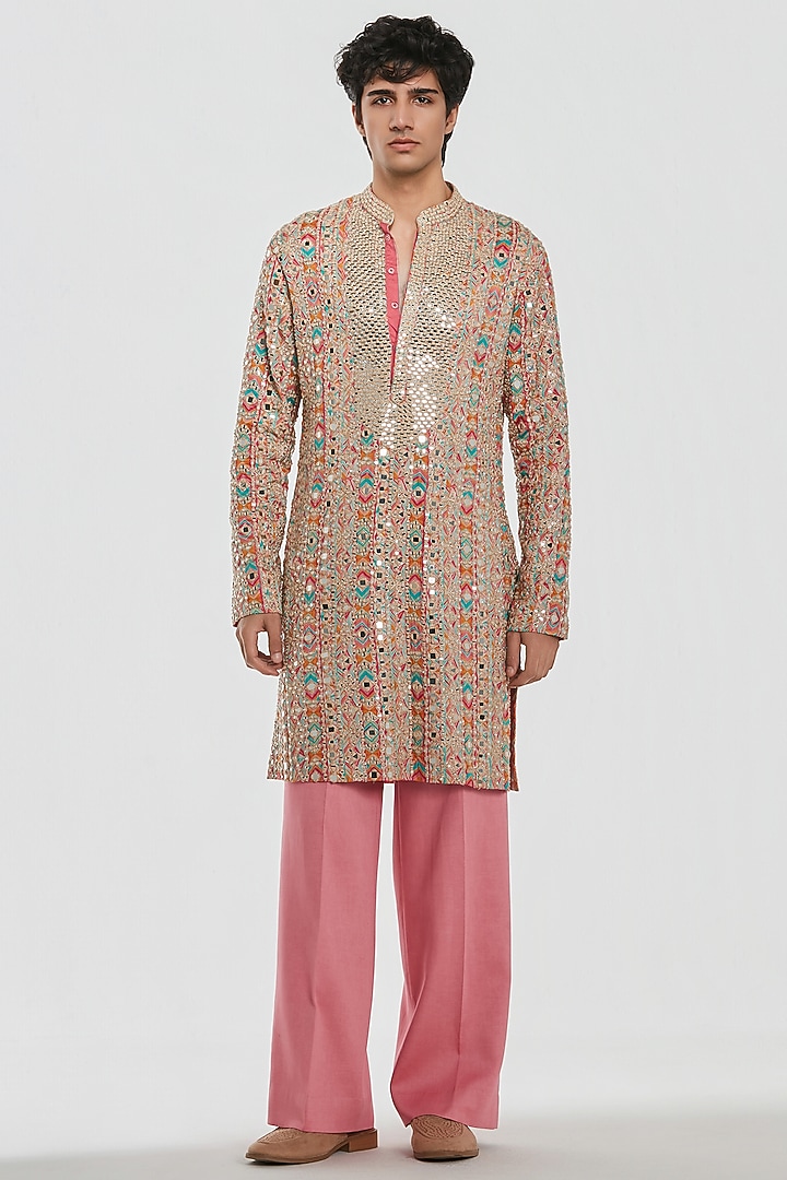 Multi-Colored Chanderi Mirror Work Kurta Set by Abhinav Mishra Men at Pernia's Pop Up Shop
