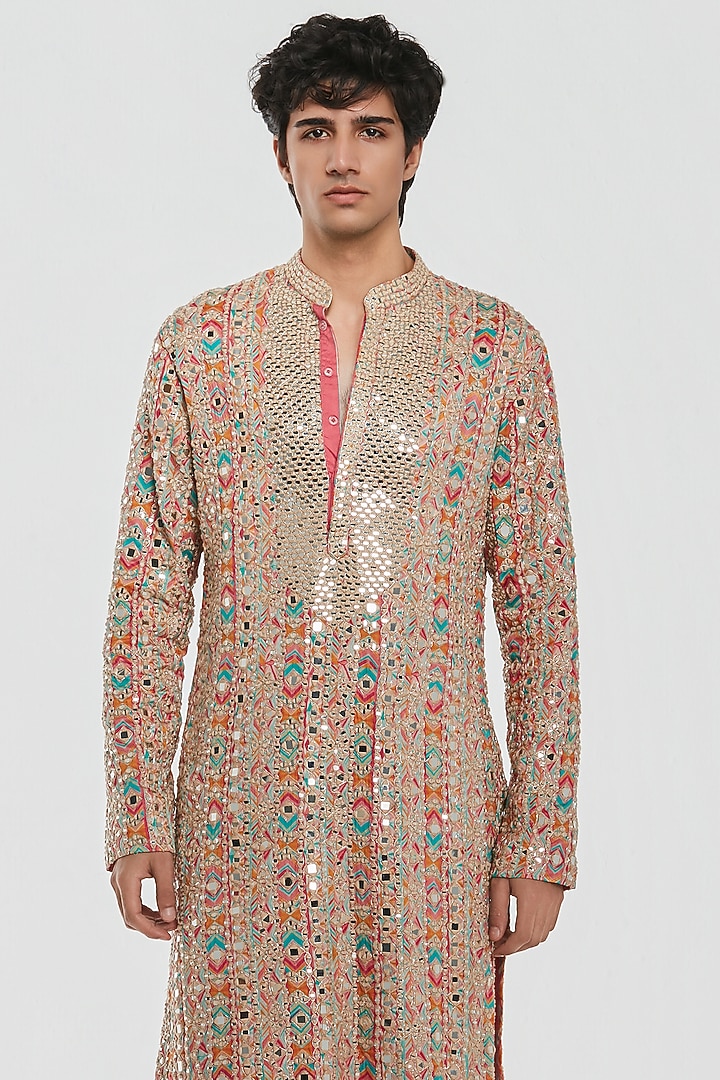 Multi-Colored Chanderi Mirror Work Kurta Set by Abhinav Mishra Men at Pernia's Pop Up Shop