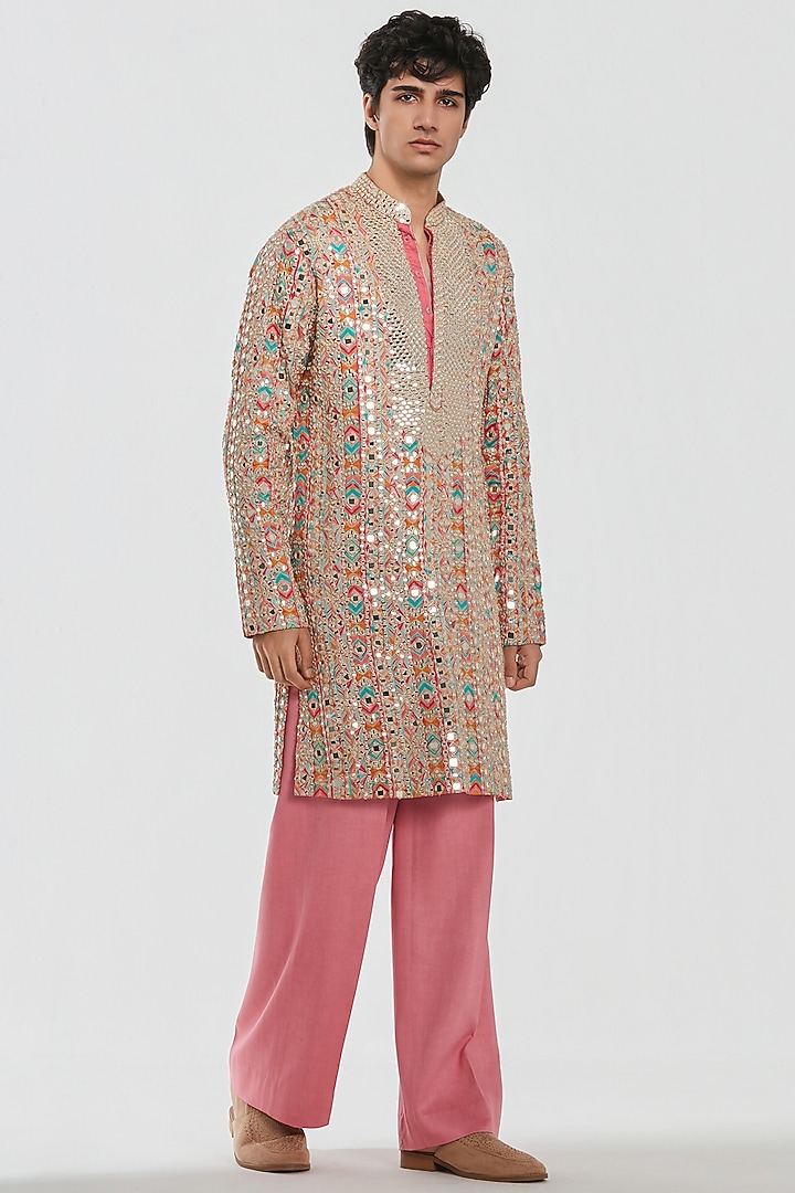 Multi-Colored Chanderi Mirror Work Kurta Set by Abhinav Mishra Men at Pernia's Pop Up Shop