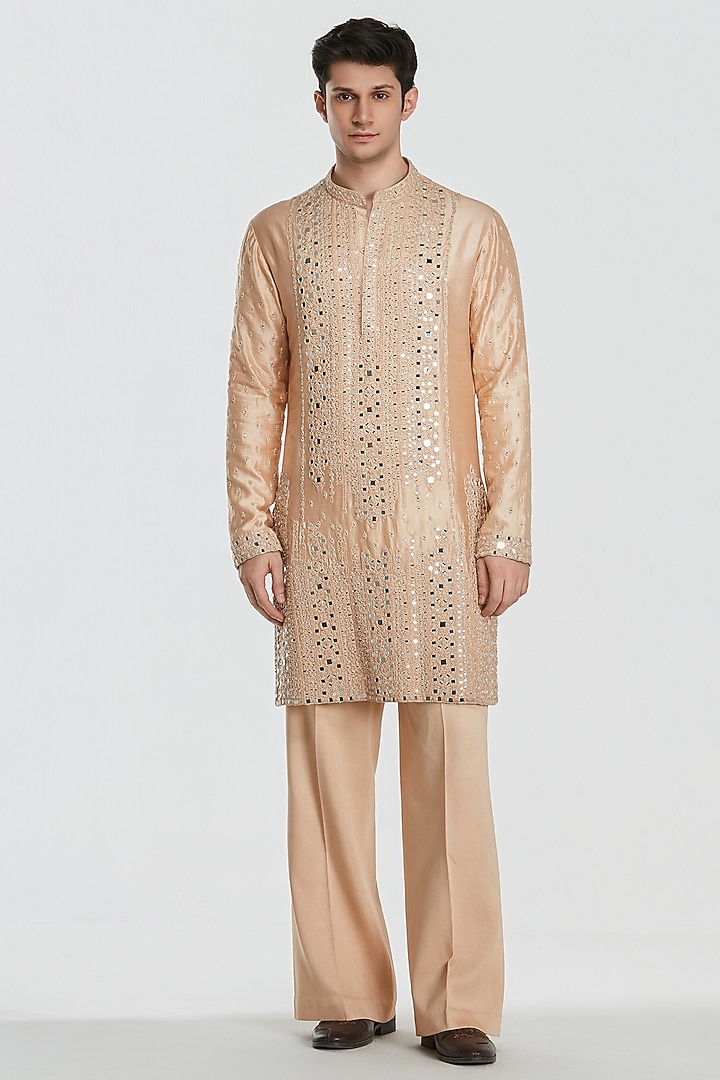 Champagne Gold Chanderi Mirror Work Kurta Set by Abhinav Mishra Men at Pernia's Pop Up Shop