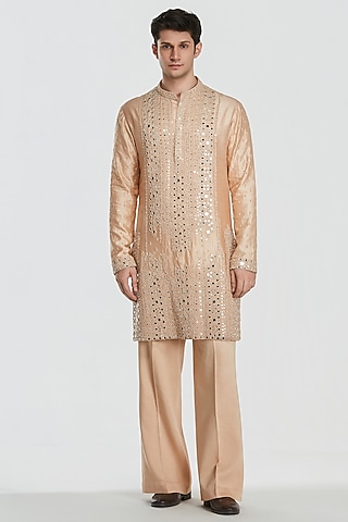 Champagne Gold Chanderi Mirror Work Kurta Set by Abhinav Mishra Men