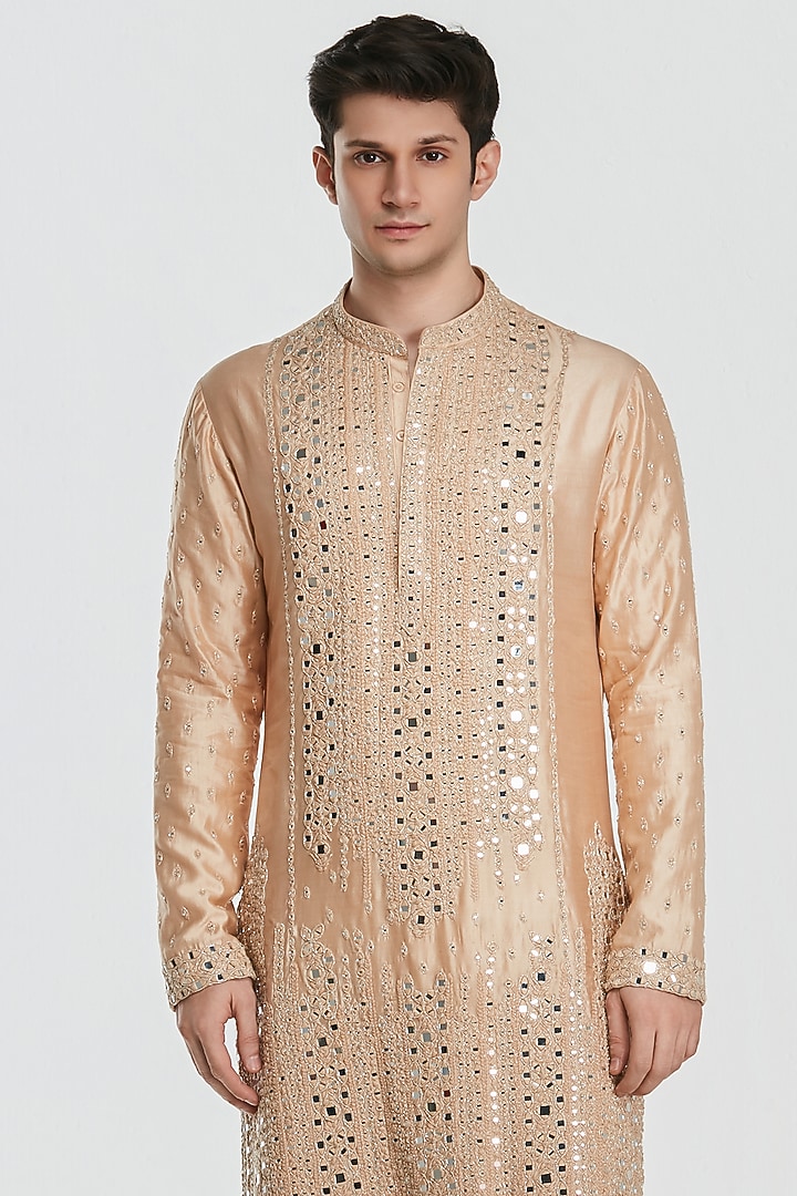 Champagne Gold Chanderi Mirror Work Kurta Set by Abhinav Mishra Men at Pernia's Pop Up Shop