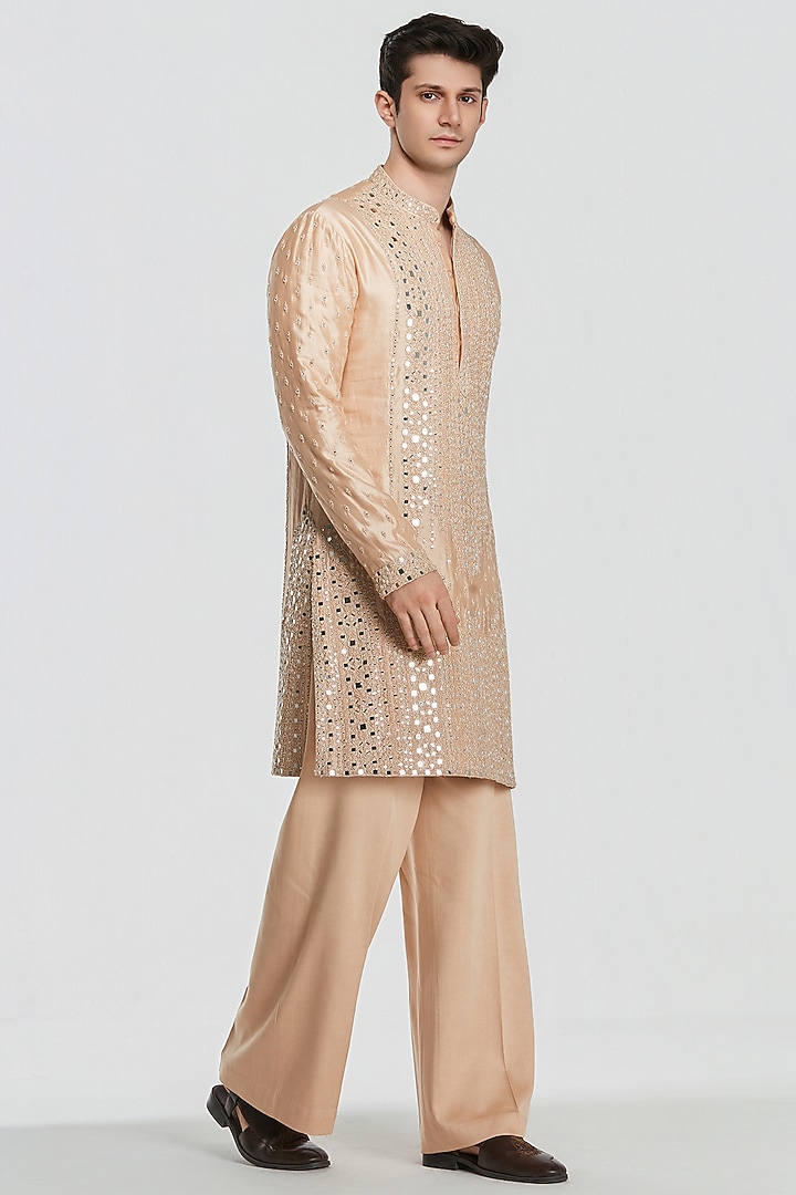 Champagne Gold Chanderi Mirror Work Kurta Set by Abhinav Mishra Men at Pernia's Pop Up Shop