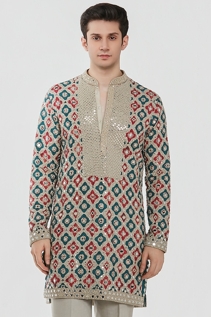 Multi-Colored Chanderi Mirror Work Kurta Set by Abhinav Mishra Men at Pernia's Pop Up Shop