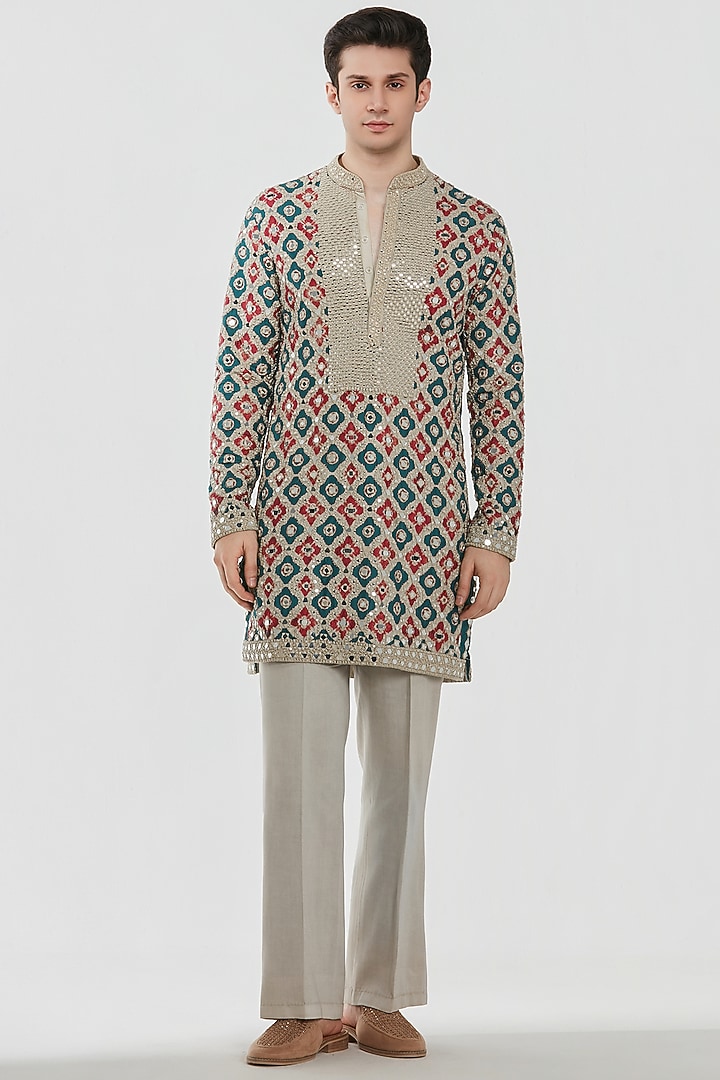 Multi-Colored Chanderi Mirror Work Kurta Set by Abhinav Mishra Men at Pernia's Pop Up Shop