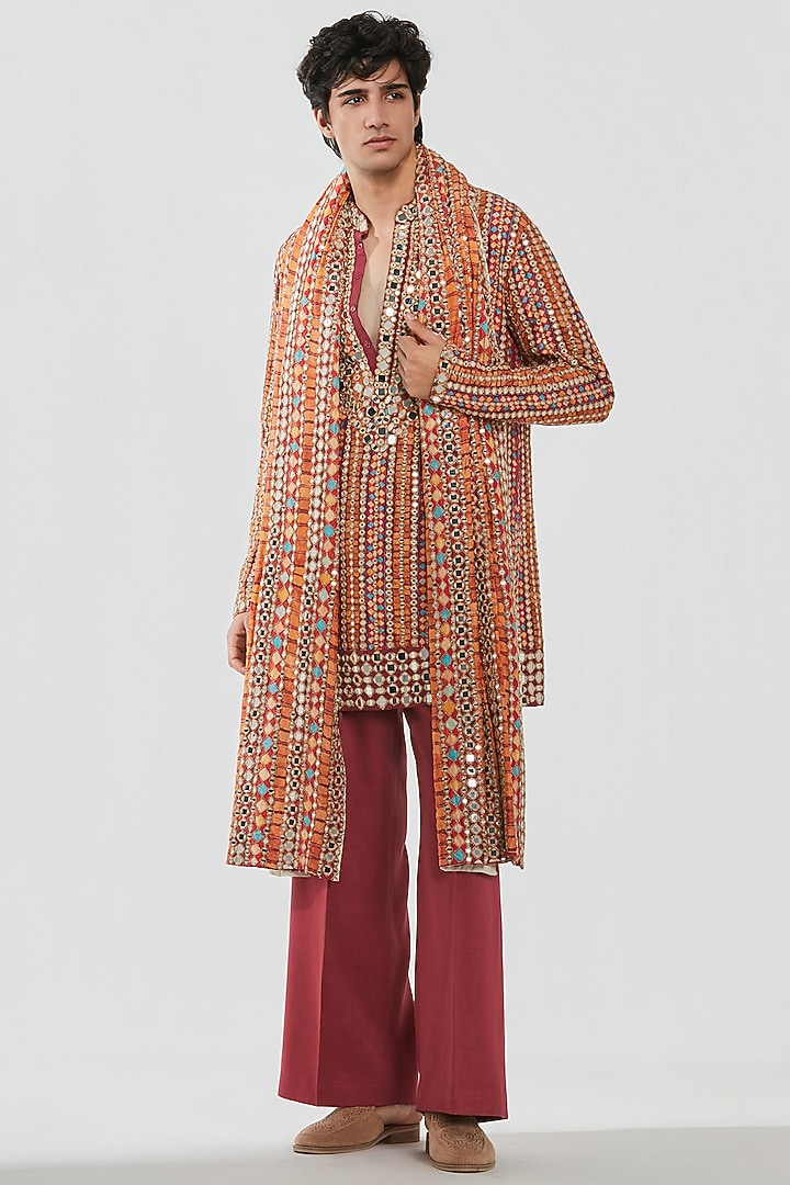 Multi-Colored Chanderi Mirror Work Kurta Set by Abhinav Mishra Men at Pernia's Pop Up Shop