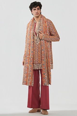 Multi-Colored Chanderi Mirror Work Kurta Set by Abhinav Mishra Men