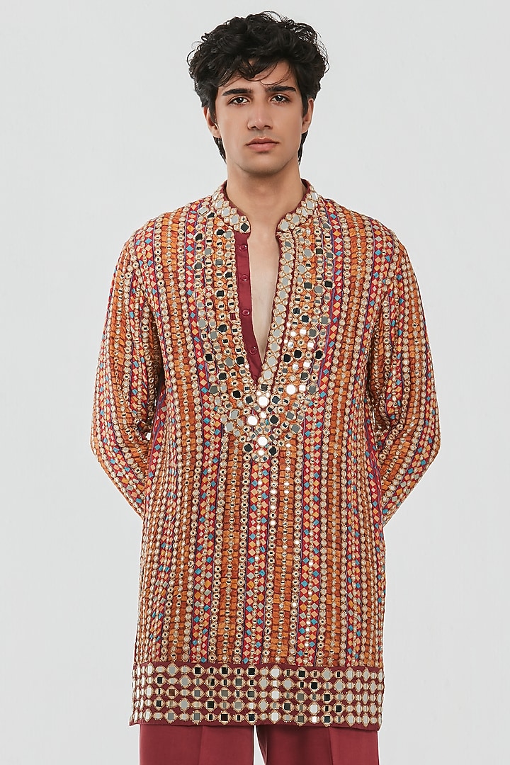 Multi-Colored Chanderi Mirror Work Kurta Set by Abhinav Mishra Men at Pernia's Pop Up Shop