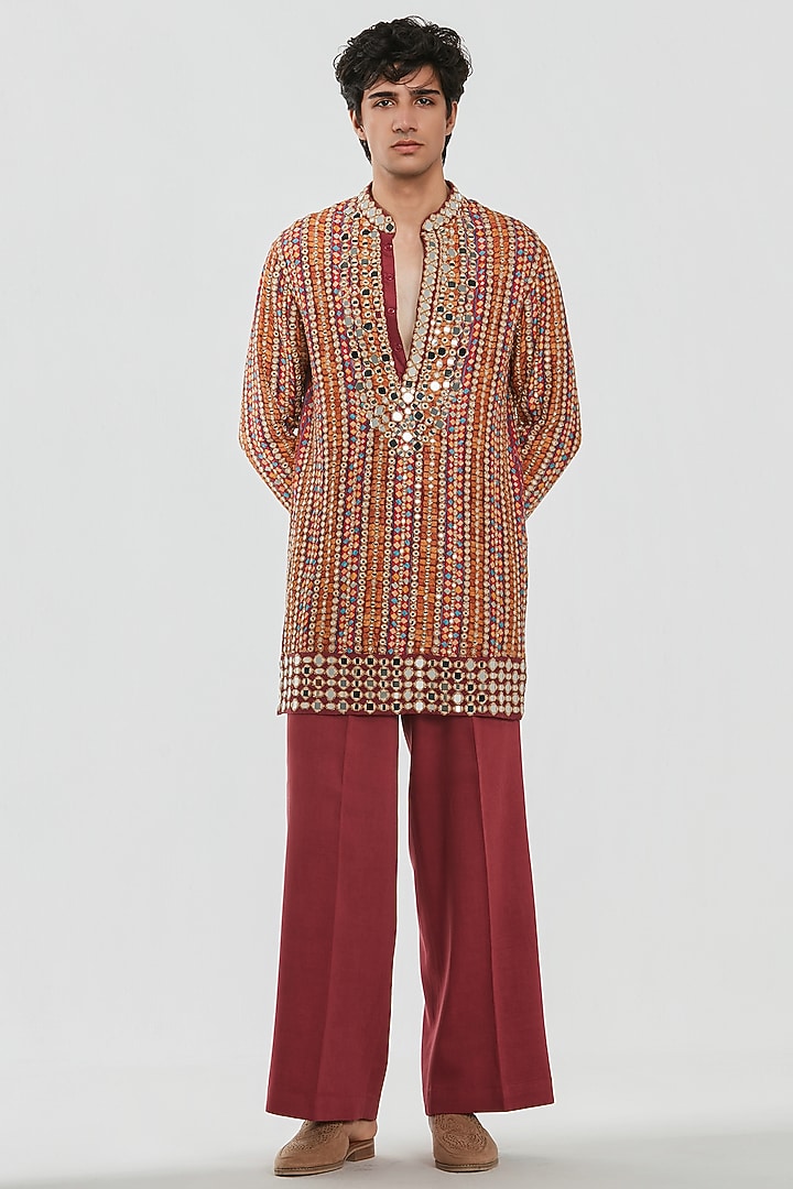 Multi-Colored Chanderi Mirror Work Kurta Set by Abhinav Mishra Men at Pernia's Pop Up Shop