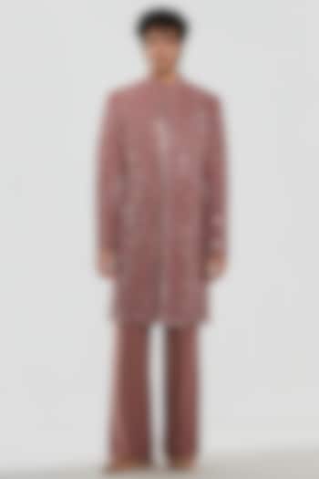 Mauve Pink Chanderi Mirror Work Groom Sherwani Set by Abhinav Mishra Men at Pernia's Pop Up Shop