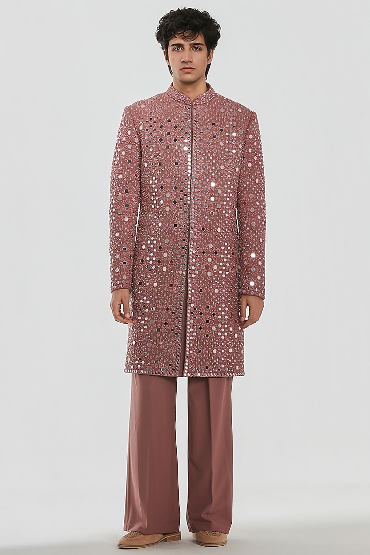 Mauve Pink Chanderi Mirror Work Groom Sherwani Set by Abhinav Mishra Men at Pernia's Pop Up Shop