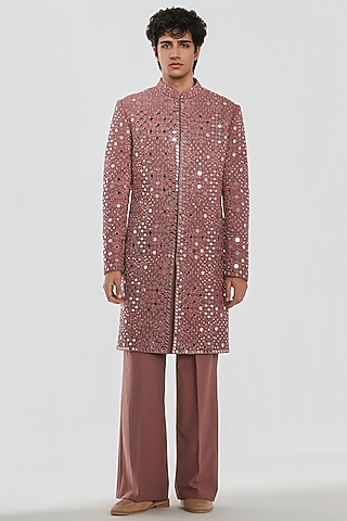 Mauve Pink Chanderi Mirror Work Sherwani Set by Abhinav Mishra Men
