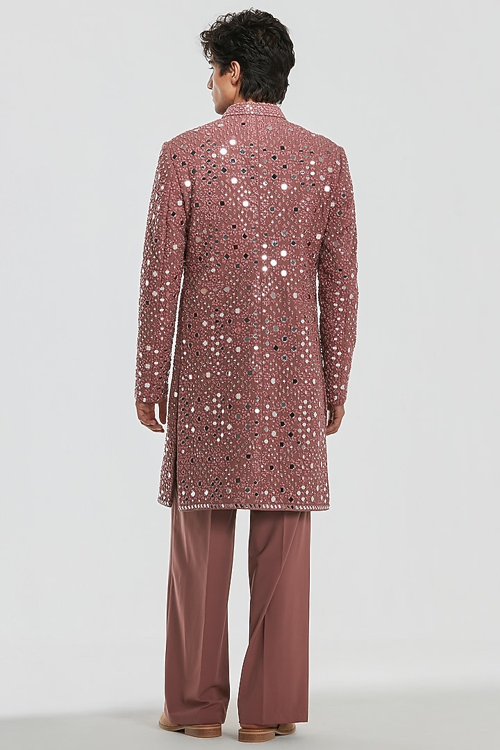 Mauve Pink Chanderi Mirror Work Groom Sherwani Set by Abhinav Mishra Men at Pernia's Pop Up Shop