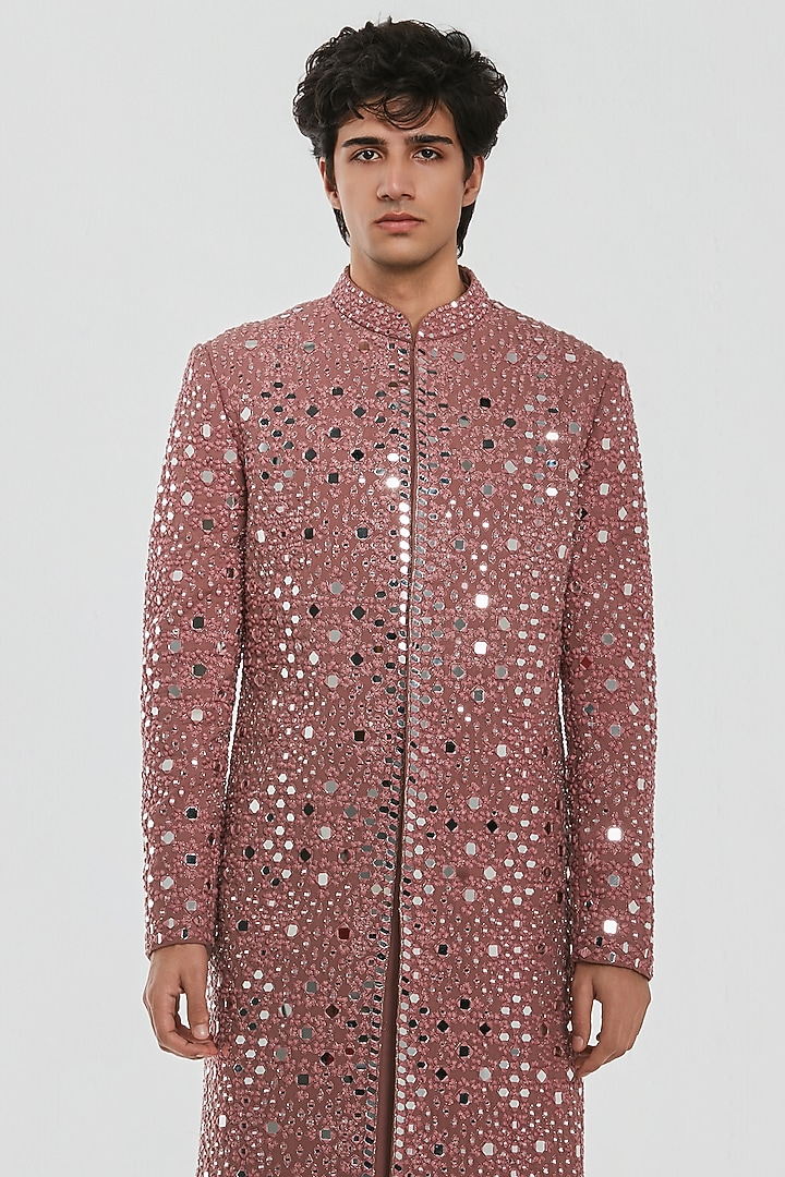 Mauve Pink Chanderi Mirror Work Groom Sherwani Set by Abhinav Mishra Men at Pernia's Pop Up Shop