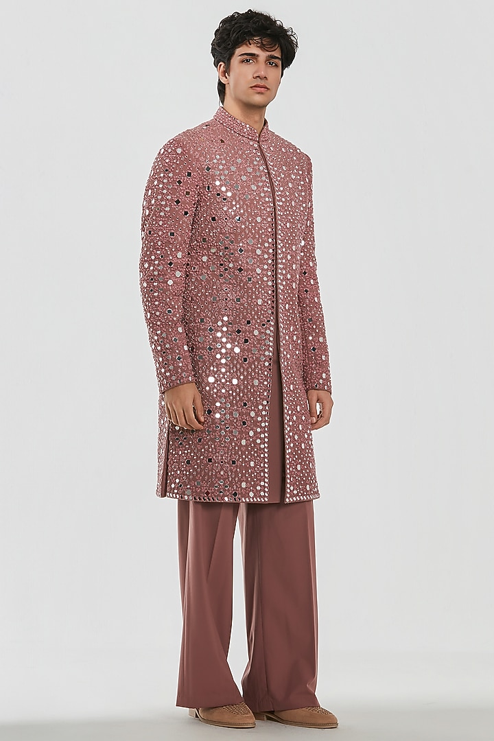 Mauve Pink Chanderi Mirror Work Groom Sherwani Set by Abhinav Mishra Men at Pernia's Pop Up Shop