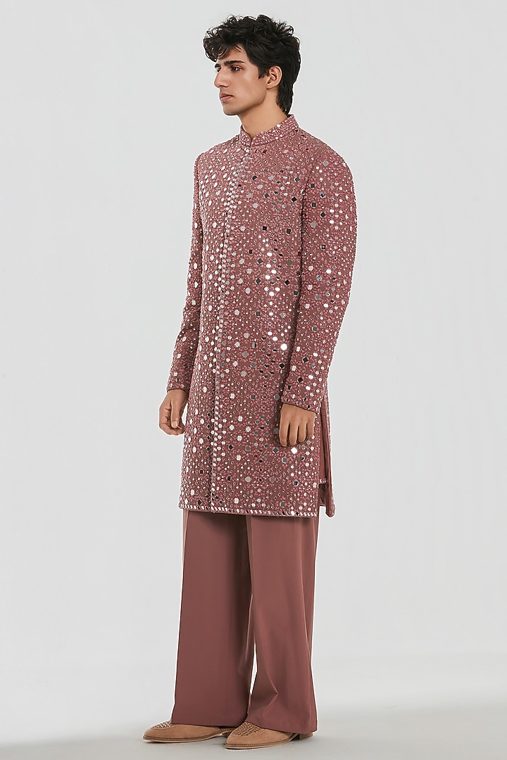 Mauve Pink Chanderi Mirror Work Groom Sherwani Set by Abhinav Mishra Men at Pernia's Pop Up Shop