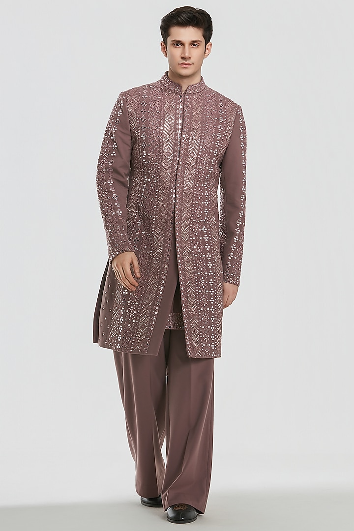 Muted Purple Chanderi Mirror Work Groom Sherwani Set by Abhinav Mishra Men at Pernia's Pop Up Shop