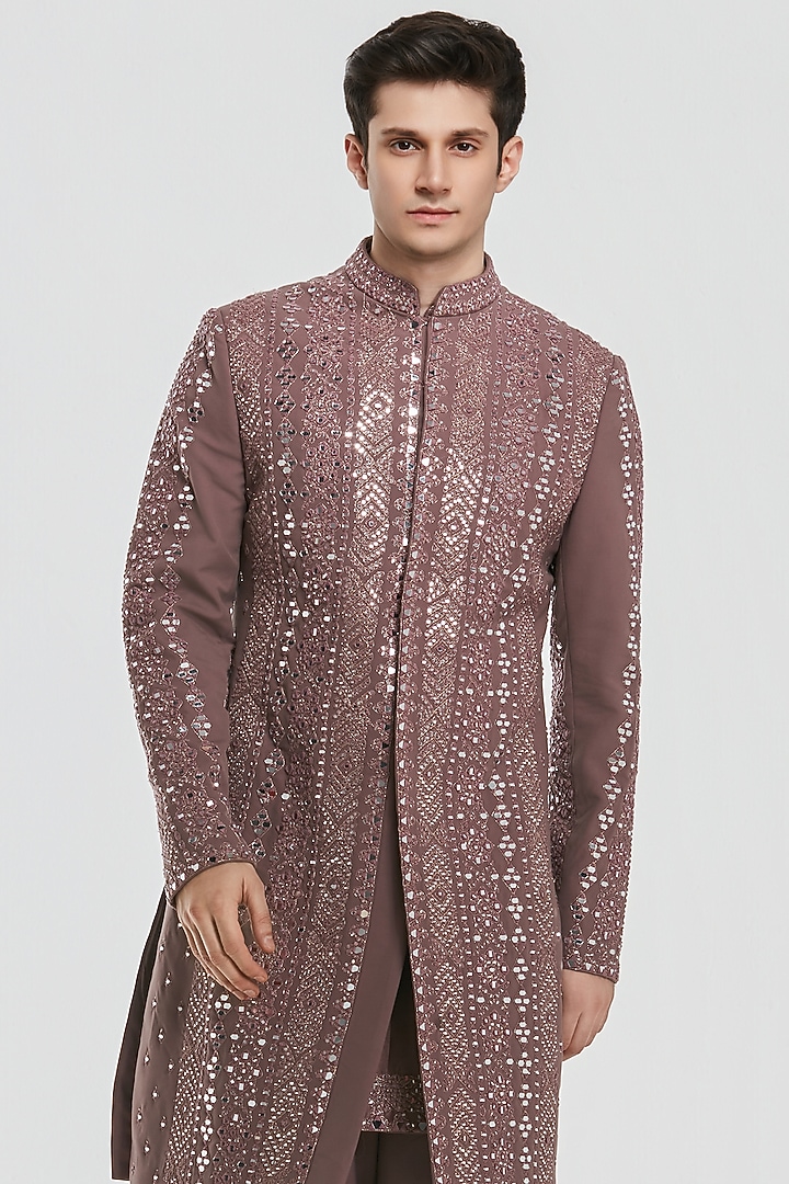 Muted Purple Chanderi Mirror Work Groom Sherwani Set by Abhinav Mishra Men at Pernia's Pop Up Shop
