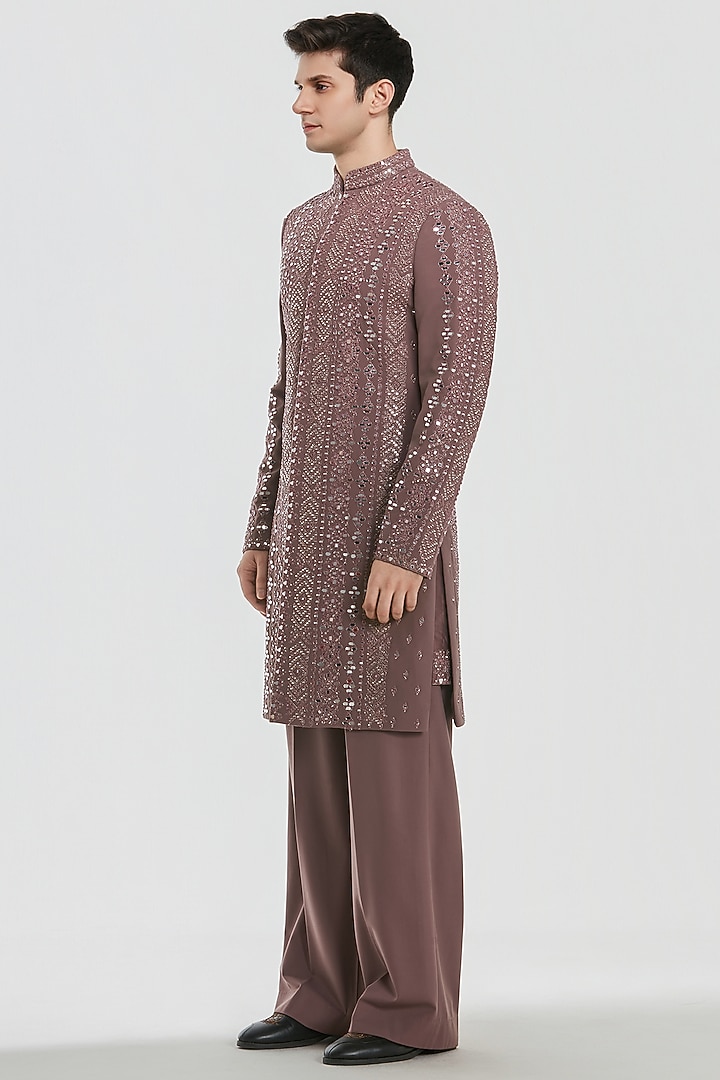 Muted Purple Chanderi Mirror Work Groom Sherwani Set by Abhinav Mishra Men at Pernia's Pop Up Shop