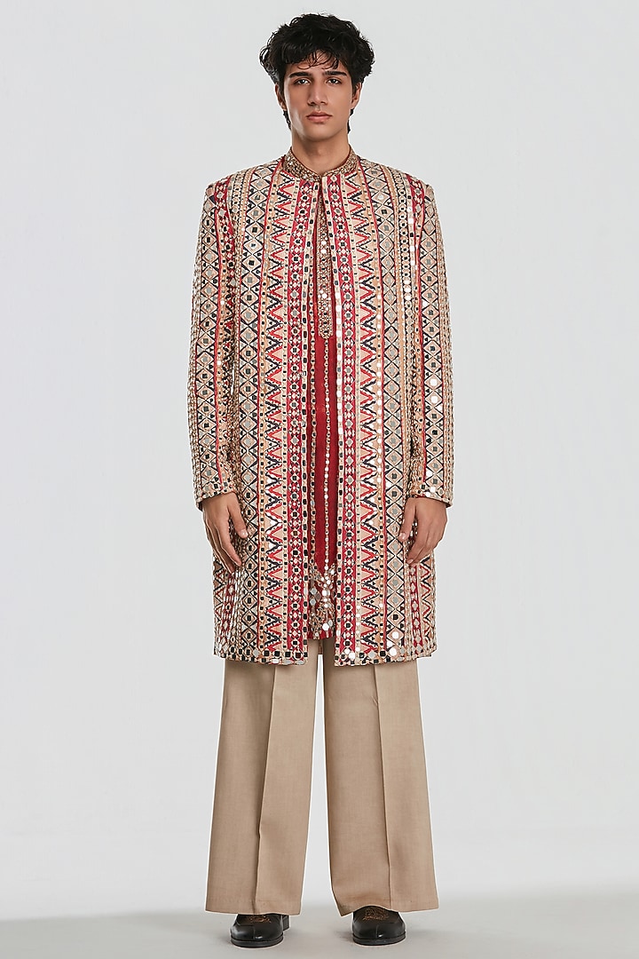 Multi-Colored Chanderi Mirror Work Jacket Set by Abhinav Mishra Men at Pernia's Pop Up Shop