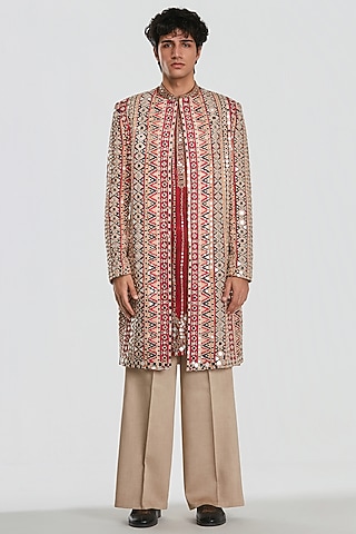 Multi-Colored Chanderi Mirror Work Jacket Set by Abhinav Mishra Men