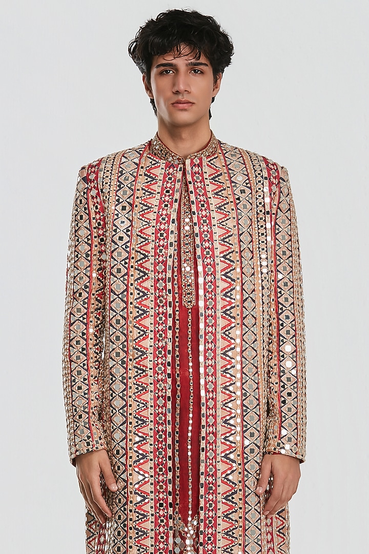 Multi-Colored Chanderi Mirror Work Jacket Set by Abhinav Mishra Men at Pernia's Pop Up Shop
