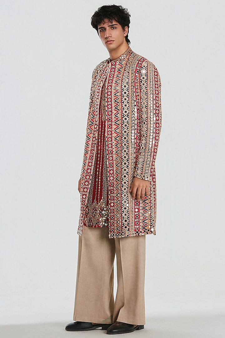 Multi-Colored Chanderi Mirror Work Jacket Set by Abhinav Mishra Men at Pernia's Pop Up Shop