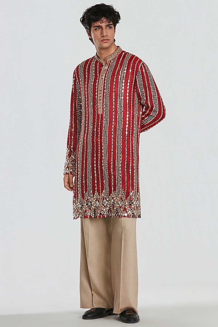 Multi-Colored Chanderi Mirror Work Jacket Set by Abhinav Mishra Men at Pernia's Pop Up Shop