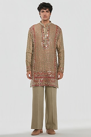 Multi-Colored Chanderi Mirror Work Kurta Set by Abhinav Mishra Men