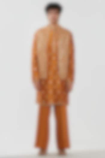 Mustard Yellow Chanderi Mirror Work Bundi Jacket Set by Abhinav Mishra Men at Pernia's Pop Up Shop