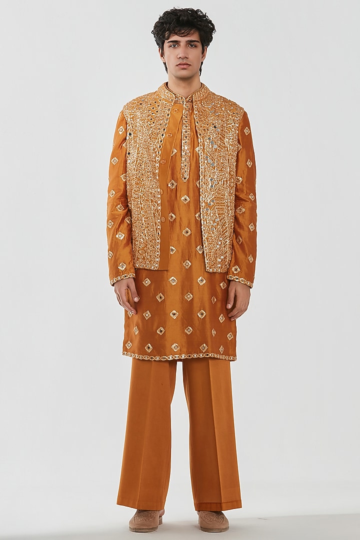 Mustard Yellow Chanderi Mirror Work Bundi Jacket Set by Abhinav Mishra Men at Pernia's Pop Up Shop