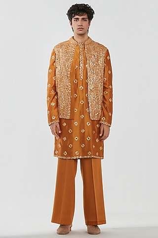Mustard Yellow Chanderi Mirror Work Bundi Jacket Set by Abhinav Mishra Men