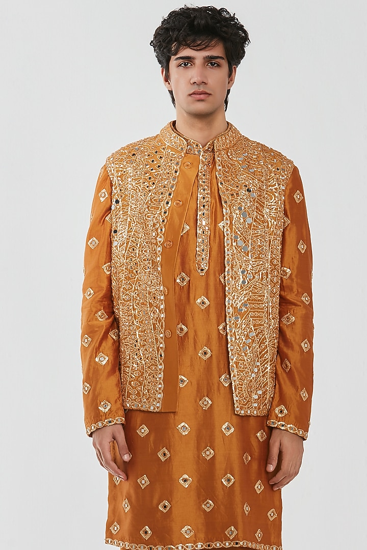 Mustard Yellow Chanderi Mirror Work Bundi Jacket Set by Abhinav Mishra Men at Pernia's Pop Up Shop